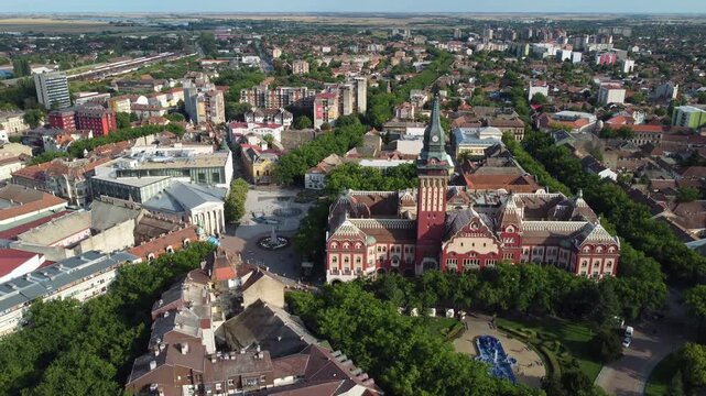 Sideways drone movement over central Subotica, showcases Art Nouveau architecture in northern Serbia.