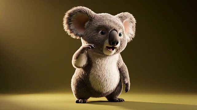 Cute Animated Baby Koala Character Standing with Soft Fur Texture on Warm Studio Lighting