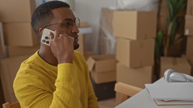 Young black man talking on smartphone, hand to ear near cheek, yellow sweater and glasses, seated at table with papers and headphones amid stacked moving boxes in studio; focused planning.