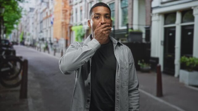 Man with hand covering mouth on a city street, wearing gray overshirt and black tee, visible bare hand gesture and intent gaze; surprise hush.