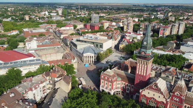 High angle descending shot of historic center of Subotica, Serbia at sunny daylight.