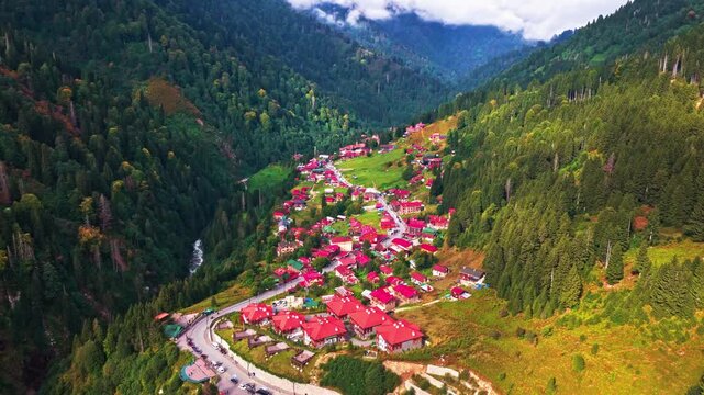 Aerial view of Ayder Plateau with autumn colors, Kackar Mountains