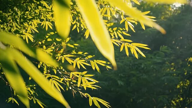 Golden sunlight shines through vibrant bamboo leaves in forest