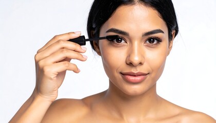 Naklejka premium A portrait of a woman applying makeup with a mascara wand to her upper eyelashes, showcasing self-care