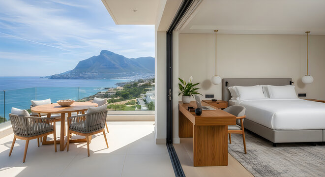 A luxury hotel room interior featuring a private terrace with a scenic coastal mountain view. illustration