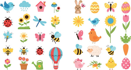 Springtime Vector Collection with Cute Birds, Bees, Butterflies, Flowers, Easter Eggs, and Spring Animals in Pastel Colors © MstSuraiya