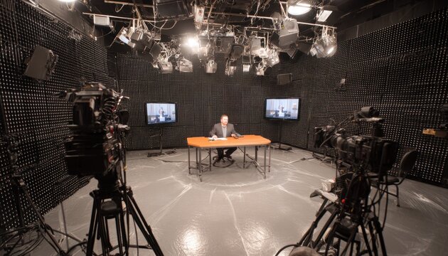 Television studio with black metal mesh walls, professional lighting, and multiple cameras, set animated movie for broadcasting or recording productions