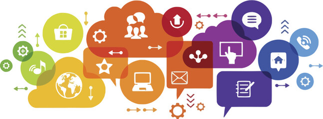 A vibrant illustration of various colorful icons and symbols representing communication, technology, and business © Hasnain