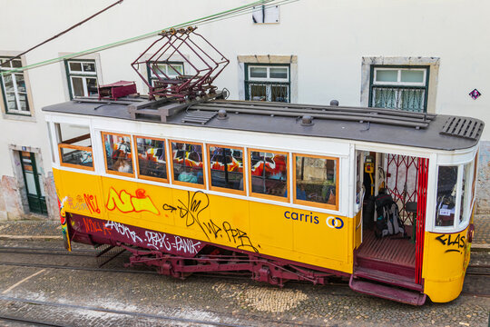 The Bica Funicular (Elevador or Ascensor da Bica), the famous tourist attraction in Lisbon, Portugal