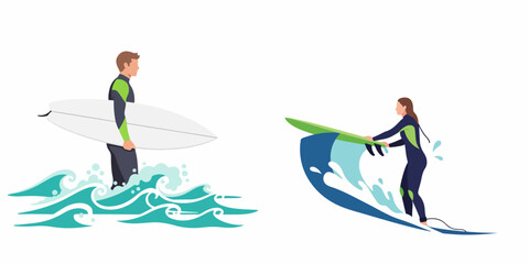 Fototapeta premium Flat vector illustration of a man and woman surfing on ocean waves, wearing wetsuits and holding surfboards on a white background.