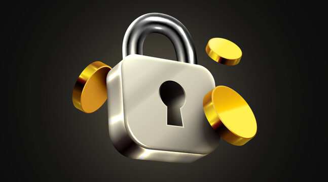 Shiny 3D padlock surrounded by golden coins on a dark background. This image represents secure digital finance.