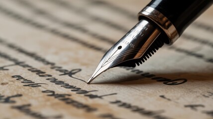 Fototapeta premium Close-up of a vintage fountain pen writing elegant script on old, textured paper.