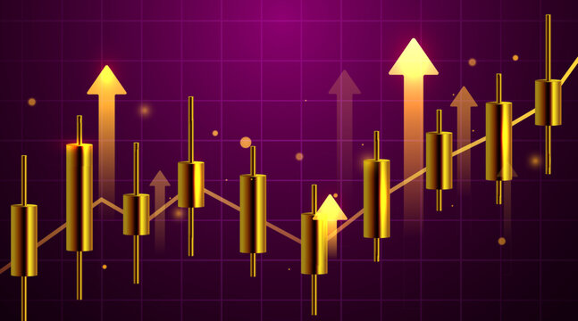 Golden candlestick financial chart on a purple grid background, symbolizing market growth and investment success.