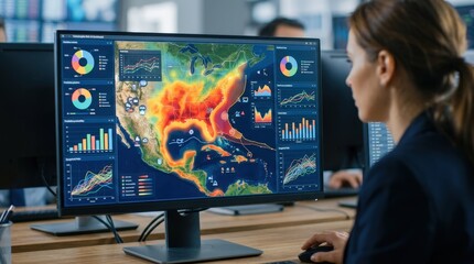 Naklejka na ściany i meble Focused medium shot on a catastrophe risk AI dashboard embedded in a brokers tool revealing detailed predictive analytics and heatmap overlays with the environment gently out of