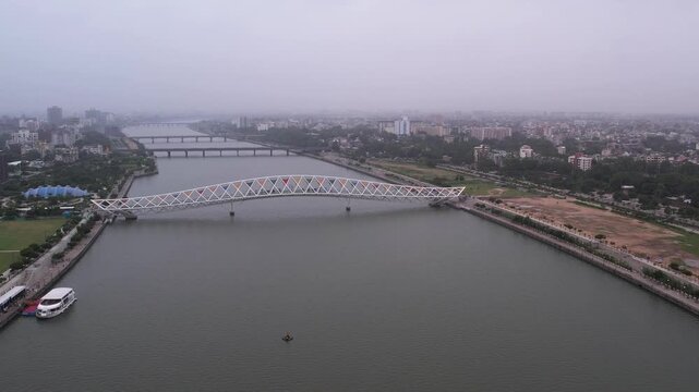 Cloudy Morning Aerial of Atal Bridge & Sabarmati Riverfront, Ahmedabad