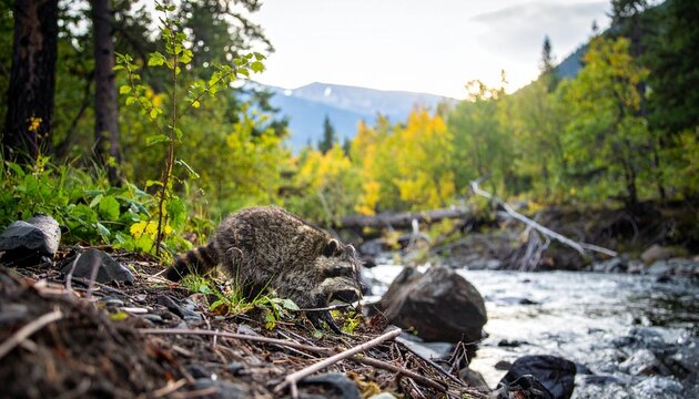 Raccoon in natural river landscape