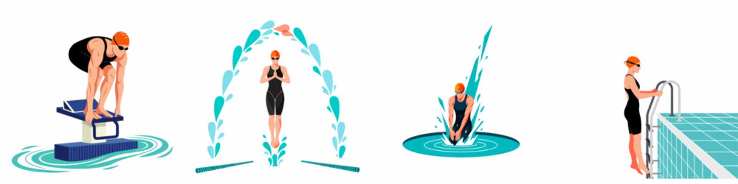 Collection of flat illustrations showing professional swimmers in various poses including diving, starting, and entering the pool in a minimalist style.
