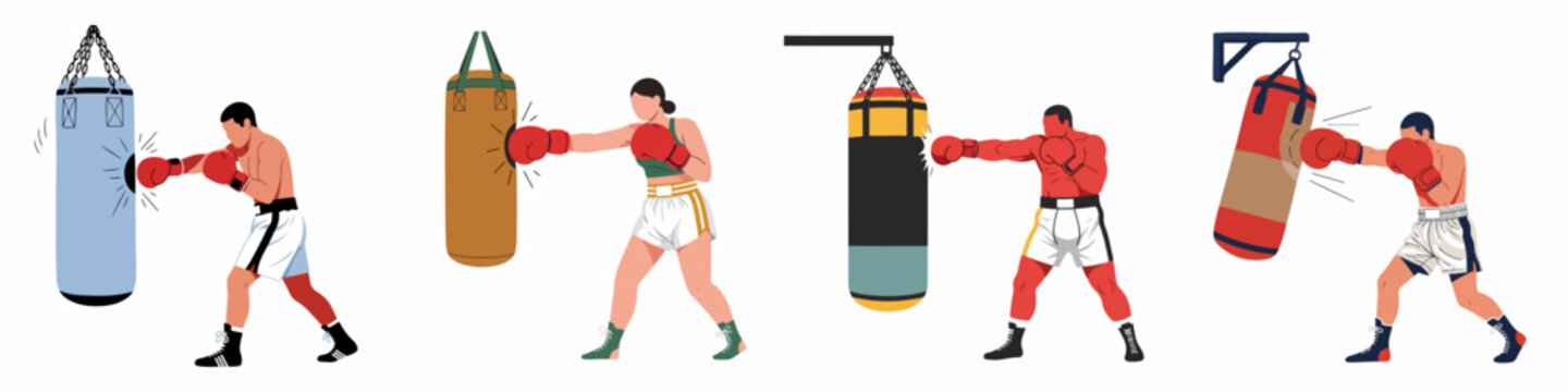 Set of male and female boxers practicing punches with heavy bags, flat vector illustrations of athletes training for a match.