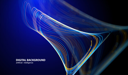Flowing lines in technology style. Artificial Intelligence banner. Ai big data stream web line waves on blue background. Futuristic concept of connect vector blurred design. © SidorArt
