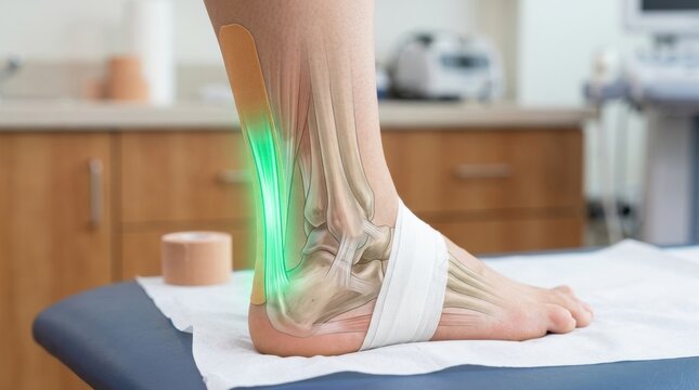 Anatomical illustration of Achilles tendonitis with kinesiology tape support
