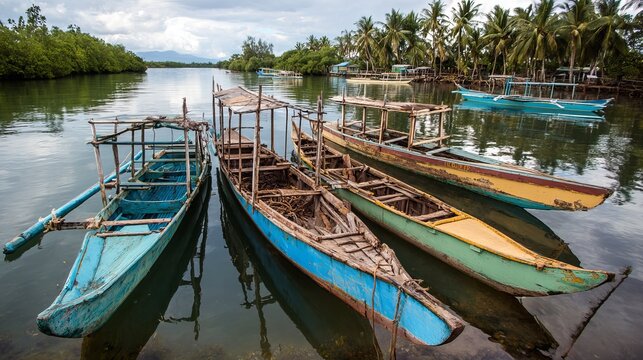Boats, used for fishing, float on Bojo River in Aloguinsan, Philippines.