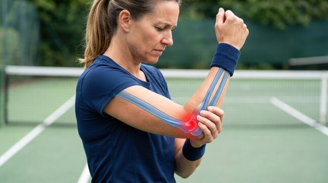 Woman tennis player experiencing elbow pain with highlighted inflammation on the joint