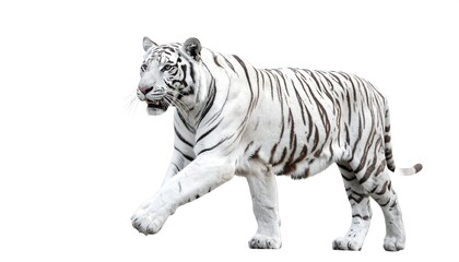 Obraz premium A regal white tiger, its stark black stripes contrasting against its pristine white fur. The large cat is walking against a white backdrop