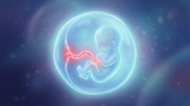 Fetus developing inside amniotic sac with umbilical cord glowing red