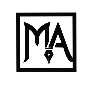 Letter MA Monogram Logo with Fountain Pen Nib Icon for Professional Writer Law Firm and Creative Author Branding.
