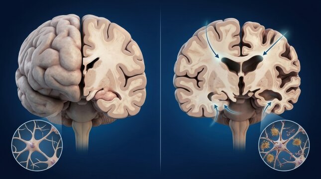 Comparing healthy brain anatomy with neurological disease progression and cellular changes