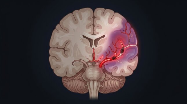 Illustration of a brain stroke showing blood clots blocking arteries