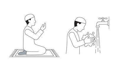 Fototapeta premium Islamic prayer and wudu ritual line art, Muslim man performing ablution and praying on mat, religious worship icons in minimalist vector style
