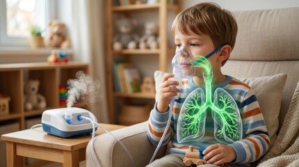 Naklejka premium Young boy using a nebulizer for respiratory treatment with glowing lungs illustration