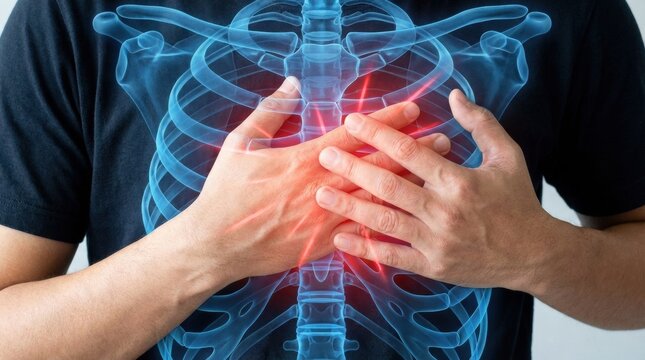 Man clutching chest with glowing red pain points over the rib cage