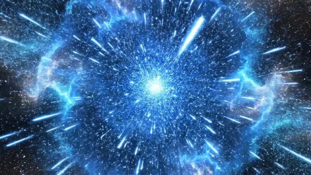 A vibrant blue cosmic explosion in space with bright lights and stars.