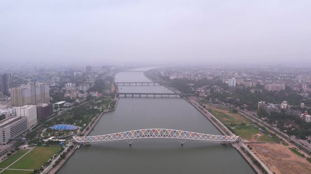 Cloudy Morning Aerial of Atal Bridge & Sabarmati Riverfront, Ahmedabad