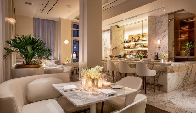 Elegant dining table set for two in a modern, warmly lit restaurant with contemporary decor, plush seating, and a well-stocked bar area in the background