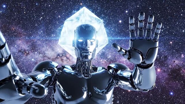 Metallic robot manipulating blue energy in vast starry outer space