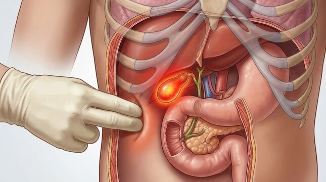 Medical illustration of a doctor examining a painful gallbladder with gallstones