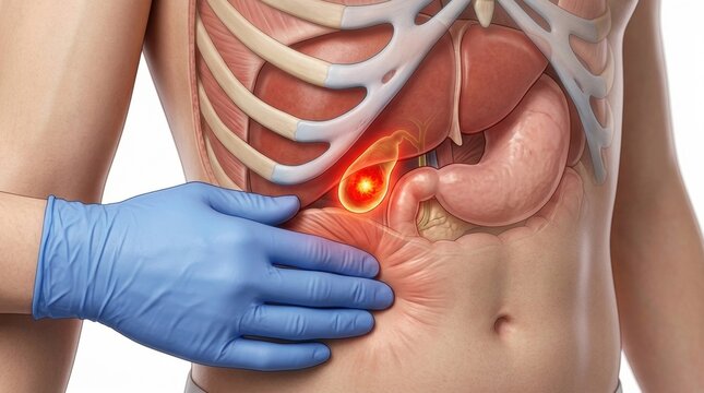 Medical illustration of a doctor examining a painful gallbladder with gallstones