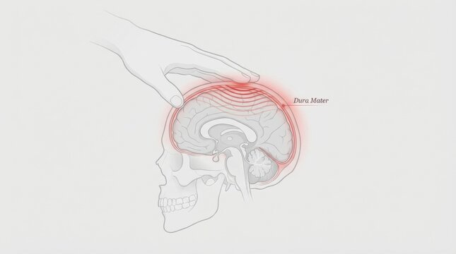 Illustration of a hand touching the dura mater layer of the brain