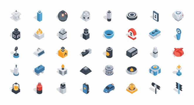 Collection of isometric icons representing various objects and concepts, including technology, industry, and everyday items.