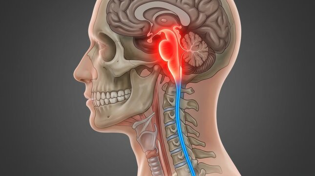 Medical illustration of brainstem and spinal cord highlighting pain or inflammation