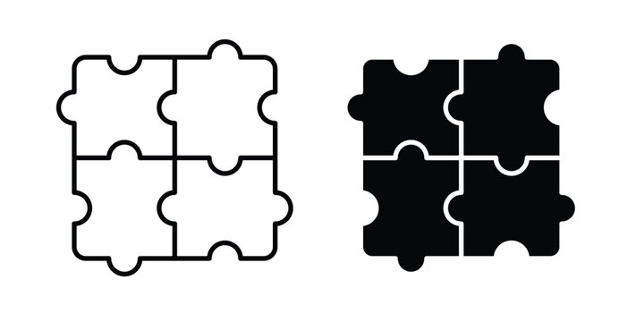 Puzzle piece icon in black and white color. Solid and linear icons