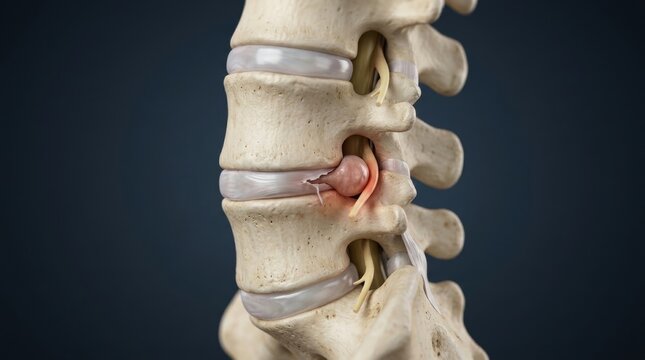 Close-up 3D illustration of a herniated disc compressing a spinal nerve root