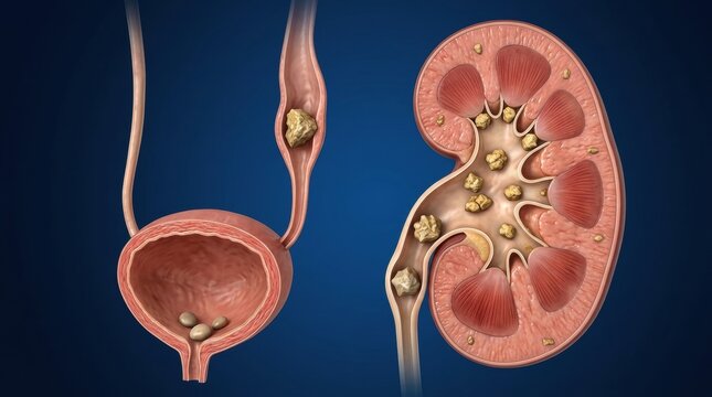 Illustration of kidney stones within the urinary system and bladder