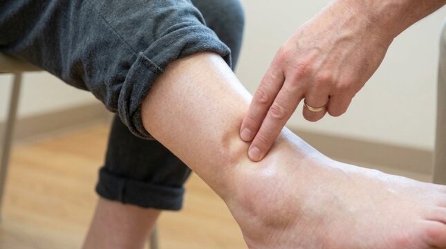 Doctor examining patient's swollen ankle and leg for signs of edema or injury