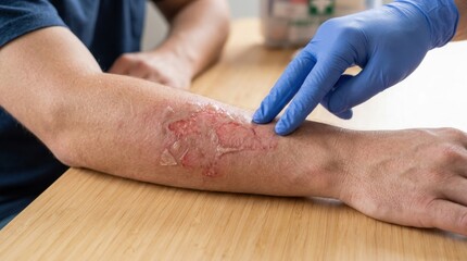 Fototapeta premium Medical professional examines a severe burn wound on a patient's forearm with gloved hands