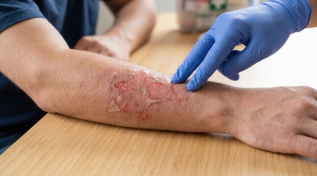 Medical professional examines a severe burn wound on a patient's forearm with gloved hands