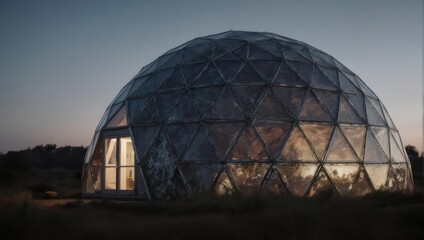 Fototapeta premium Geodesic Dome Structure Illuminated at Dusk - Modern Architecture.